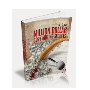 Könnte beinhalten: Ein Buchcover mit einem Vintage-Design, das eine Feder, eine Lupe und Dollar-Scheine zeigt. Der Titel des Buches lautet "Million Dollar Copywriting Secrets".
