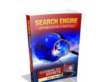 Puede incluir: Una portada de libro con un globo terráqueo azul y una lupa, con el texto "Estrategias de optimización de motores de búsqueda" y "Secretos de SEO de Clickbank Parte Dos".