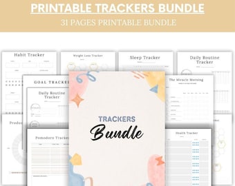 May include: A printable bundle of 31 pages of trackers for habit, weight loss, sleep, daily routine, the miracle morning, pomodoro, and health. The cover features a watercolor design with abstract shapes in pink, blue, and yellow.