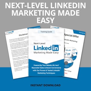 Könnte beinhalten: Ein blauer und weißer digitaler Marketing-Leitfaden mit dem Titel "Next-Level LinkedIn Marketing Made Easy". Der Leitfaden enthält einen Haftungsausschluss, ein Sonderangebot für einen LinkedIn-Marketing-Videokurs und einen Button zum sofortigen Download.