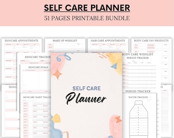 Könnte beinhalten: Ein druckbares Selbstpflege-Planer-Paket mit 51 Seiten. Das Cover zeigt ein Aquarell-Design in den Farben Rosa, Blau und Gelb. Der Titel "Self Care Planner" ist in schwarzer Kursivschrift geschrieben.