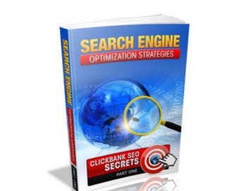 Puede incluir: Un libro azul con el título "Estrategias de optimización de motores de búsqueda" y el subtítulo "Secretos SEO de Clickbank Parte Uno". La portada presenta un globo terráqueo azul con una lupa sobre él y un objetivo rojo con una mano apuntando a él.