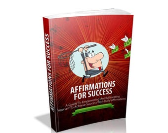 Könnte beinhalten: Ein Buch mit dem Titel "Affirmations for Success" mit rotem Einband, das eine Zeichentrickfigur zeigt, die Geld mit einem Netz fängt. Auf dem Buchrücken steht "Affirmations for Success". Der Untertitel lautet "A Guide To Empowering And Motivating Yourself To Achieve Success With Daily Affirmations."