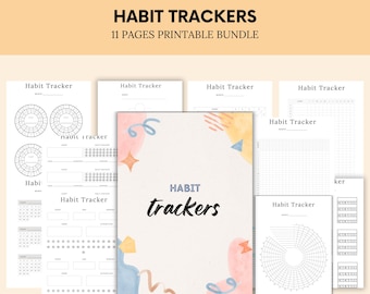 May include: A printable habit tracker bundle with 11 pages. The cover features a colorful abstract design with pink, blue, yellow, and orange watercolor shapes. The text "HABIT trackers" is written in black cursive.