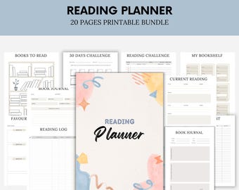 Può includere: Un pacchetto stampabile di pianificatore di lettura di 20 pagine. La copertina presenta il titolo "Reading Planner" in un font elegante, con accenti pastello. Include pagine per diari di libri, registri di lettura e sfide di lettura.