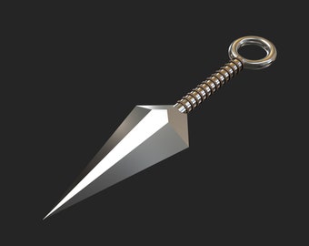 Puede incluir: Un cuchillo de lanzamiento plateado con un mango en espiral y un anillo en el extremo.
