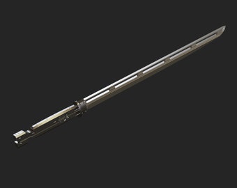 May include: A silver-coloured sword with a long, straight blade and a detailed handle. The blade has a series of rectangular cutouts along its length.