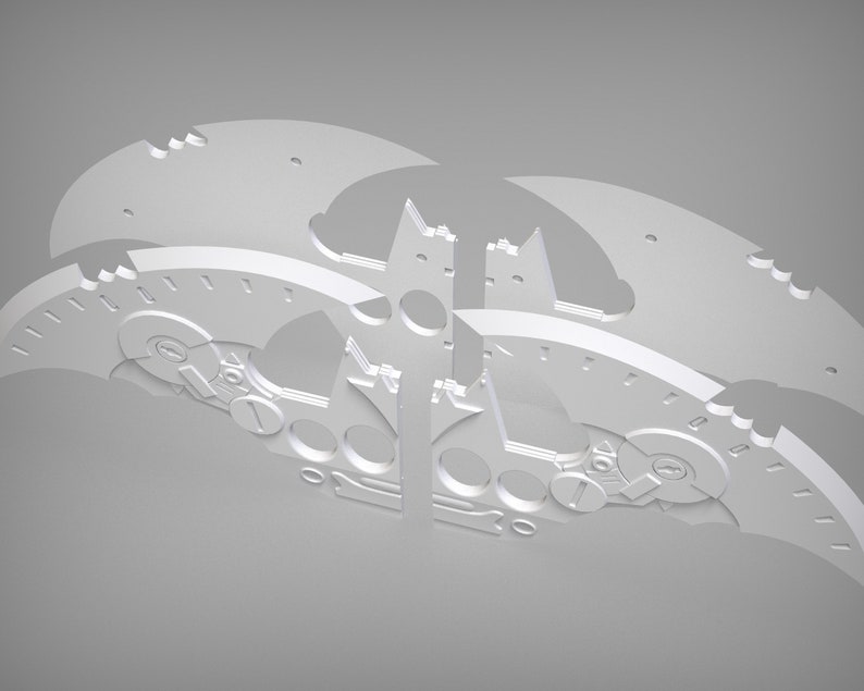May include: A white metal model of a bat wing with intricate details and gears. The model is made up of multiple pieces that fit together.