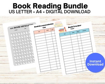 Book Reading Bundle, Book Tracker, Book Recommendation List, 100 Book Challenge Tracker, Printable Instant Download PDF Tracker