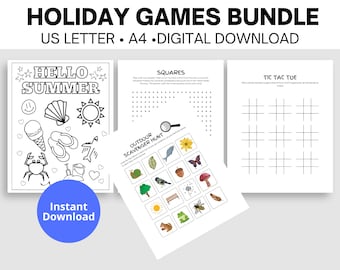 Holiday Games Bundle, Summer Games, Colouring, Scavenger Hunt & Tic Tac Toe and Squares Games, Printable Instant Download PDF Document