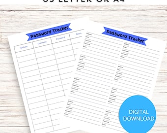 Password Tracker, Printable Password Manager, Minimalist Password List, Instant Download