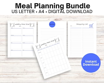 Meal Planner Bundle, Weekly Meal Planner, Shopping List & Notes Pages, Printable Instant Download PDF Planner