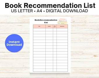 Book Recommendation List, Printable Instant Download PDF Tracker