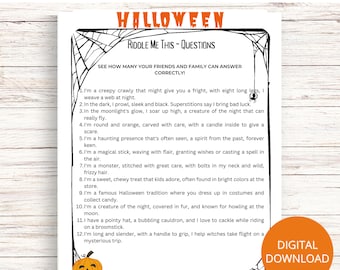 Halloween Riddle Me This Game, Halloween Party Game, Party Game for Kids, Printable PDF, Halloween Jokes