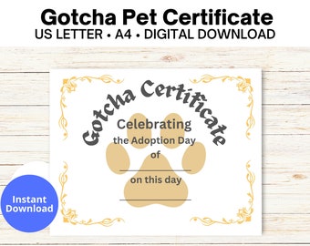 Gotcha Day Pet Adoption Certificate, Cat Dog Pet Adoption Certificate, Printable Certificate, Instant Download Certificate