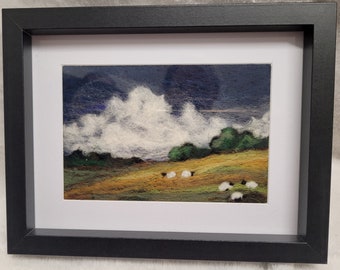 Stormy sky , landscape with sheep a handmade needle felted landscape,  painted with merino wool