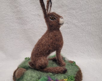 Handmade needle felted spring hare on a grass base  16cm tall