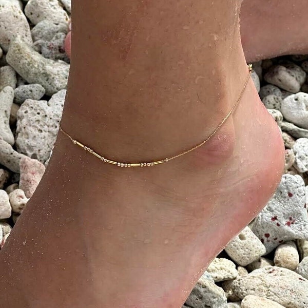 Morse Code Anklet, Silver and Gold Beaded Ankle Bracelet, Summer Jewelry, Hidden Message Jewelry, Anklet for Women, Gifts for Friends