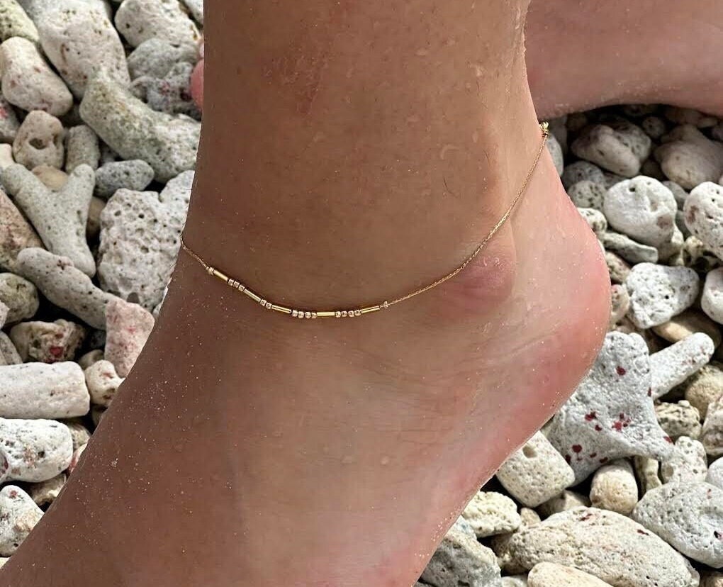 Morse Code Anklet, Silver and Gold Beaded Ankle Bracelet, Summer Jewelry, Hidden Message Jewelry, Anklet for Women, Gifts for Friends