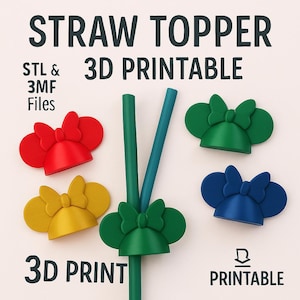 Op de afbeelding: Kleurrijke 3D-geprinte strooitoppers in rood, geel, groen en blauw, gevormd als strikken en muizenoren. De afbeelding bevat de tekst "STRAW TOPPER 3D PRINTABLE" en "3D PRINT PRINTABLE".