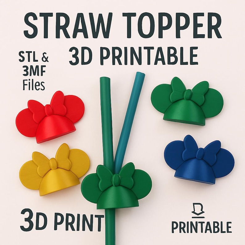 Op de afbeelding: Kleurrijke 3D-geprinte strooitoppers in rood, geel, groen en blauw, gevormd als strikken en muizenoren. De afbeelding bevat de tekst "STRAW TOPPER 3D PRINTABLE" en "3D PRINT PRINTABLE".