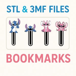 May include: Four bookmarks featuring cartoon characters in blue and pink. The bookmarks have a black and white design and are labeled "STL & 3MF FILES" and "BOOKMARKS" in blue and pink text.