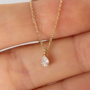 14k Gold Diamond Pear Necklace • Pear Cut Solitaire Diamond Necklace • Prong Setting CZ Gemstone Necklace • Teardrop Pendant •Christmas Gift