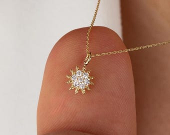 Pave Sun Necklace in Solid 14K Gold, Dainty Sunburst Pendant, Real Gold Jewelry Gift for Her Birthday or Holidays, Minimalist Summer Jewelry