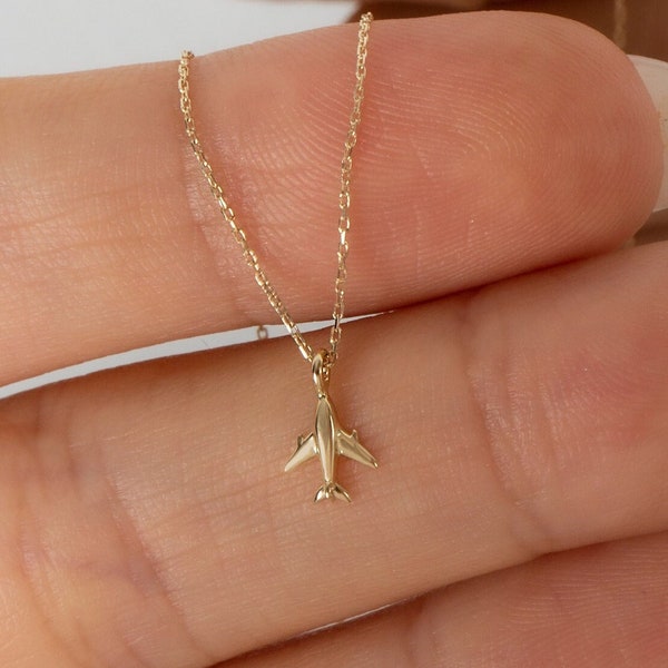 14k Solid Gold Airplane Necklace • Tiny Plane Necklace • Jewelry • Aviation Graduation Gift • Pilot Flight Attendant Gift • Air Hostess Gift