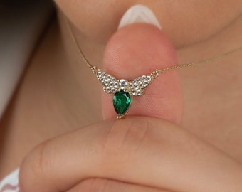 14K Gold Angel Necklace • Solid Gold Angel Necklace with Emerald • Diamond Angel Pendant • Guardian Angel Jewelry for Women • Gift for Her