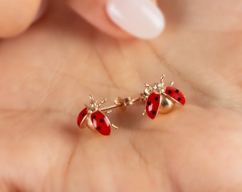 Ladybug Earrings in 14K Gold • Cute Ladybird Earrings • Solid Gold Ladybug Stud Earrings • Lucky Lady Bug Jewelry • Christmas Gift for Women