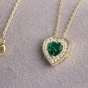 Heart Shaped Emerald Necklace • 14K Gold Emerald Green Heart Necklace • Pave Heart Pendant • Girlfriend Christmas Gift • Anniversary Jewelry