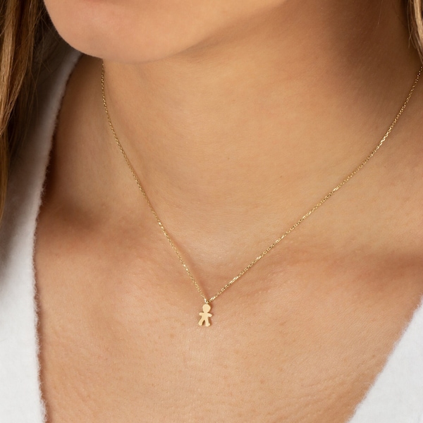 Collier petit garçon en or massif 14 carats pour maman • Collier à breloques mère bébé garçon • Pendentif petite silhouette • Cadeau baby shower • Cadeau pour maman