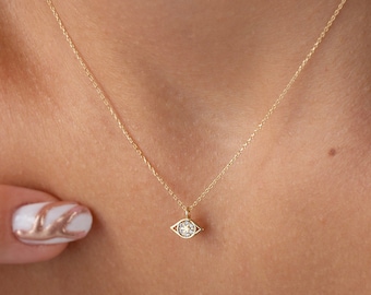 Pave Evil Eye Charm Necklace in Gold • Diamond Evil Eye Pendant • 14K Solid Gold Protection Necklace From Evil • Gold Mother's Day Gift