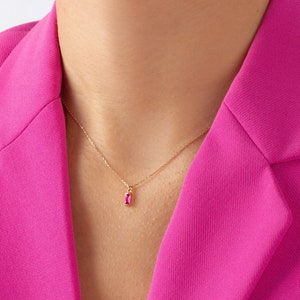 Pink Tourmaline Necklace in 14K Gold • Baguette Pink Tourmaline Pendant • Solitaire Birthstone Necklace • Christmas Gift • October Jewelry