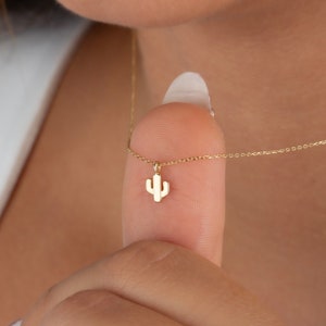 14k Gold Cactus Necklace • Dainty Desert Charm Necklace • Solid Gold Saguaro Cactus Pendant • Plant Lover Gift •  Christmas Gift •