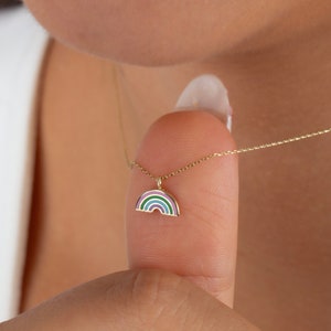 Mini Rainbow Necklace in Gold • 14K Solid Gold Rainbow Pendant • Enamel Rainbow Charm Necklace • Boho Rainbow Jewelry • Mother&#39;s Day Gift