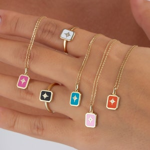 North Star Necklace 14K Gold • Pink Enamel Northern Star Pendant • Rectangle Pendant Necklace • White Polar Star Jewelry • Christmas Gift