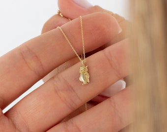 14K Solid Gold Eule Halskette • Minimalistischer Eulen Schmuck für Frauen • Kleine Eule Anhänger Halskette • Muttertagsgeschenk für Eulen-Liebhaber • Niedliche Eule Geschenk