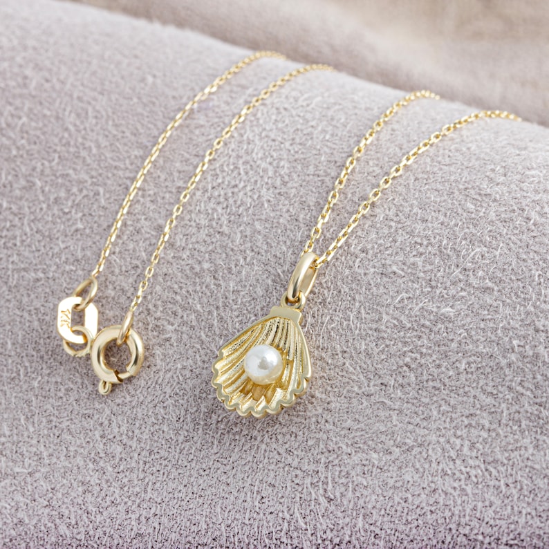 Single Pearl in Shell Necklace • 14K Solid Gold Sea Shell Pendant ...