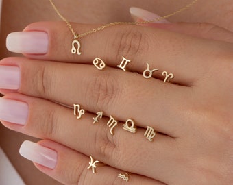 14K Solid Gold Zodiac Necklace • Tiny Horoscope Pendant Necklace • Minimalist Zodiac Sign Necklace • Astrology Jewelry • Zodiac Gift for Mom