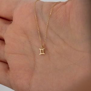 May include: A gold chain necklace with a small Gemini zodiac symbol pendant.