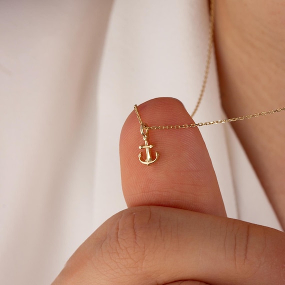 Solid Gold Minimal Anchor Necklace · Small Anchor Pendant · 14K Gold Nautical Charm Necklace for Women · Christmas Gift for Ocean Lovers