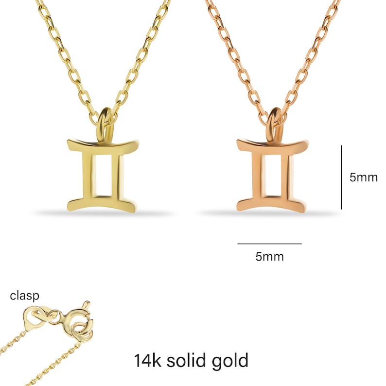 May include: Two gold necklaces with a Gemini zodiac symbol pendant. The pendant is 5mm wide and 5mm tall. The necklaces are 14k solid gold.