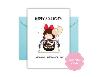 Kiki Kiki's Delivery Service Anime Linda tarjeta de felicitación de cumpleaños imprimible Descarga instantánea Studio Ghibli Regalo de cumpleaños Tarjeta plegable 5" x 7"