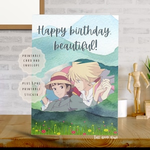 Howl und Sophie Studio Ghibli Howl's bewegliches Schloss druckbare 5 "x 7" Geburtstags-Grußkarte | Bedruckbarer Umschlag | Druckbare digitale Aufkleber