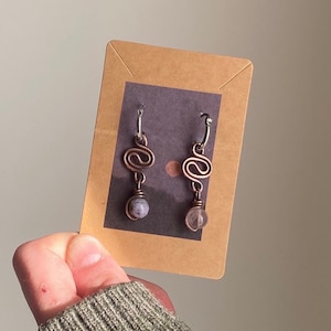 Fluorite dangles Earrings, antique copper dangle earrings, Wire wrapped drop earrings, natural Fluorite, crystal healing