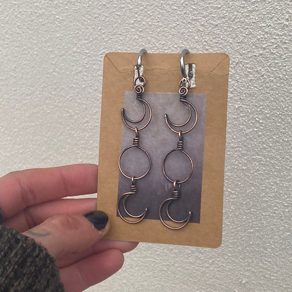 Copper Moon phase earrings, triple moon, Wire wrapped Moon Phases