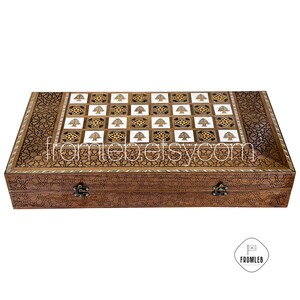 Deluxe Handmade Premium Wood and Mosaic Inlays: Large Arab Walnut Backgammon Set and Chess Board From Lebanon
