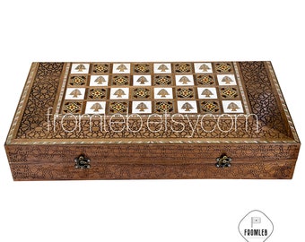 Handmade Arab Walnut Backgammon and Chess Set with Mosaic Inlays from Lebanon